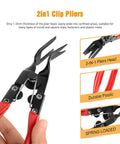 Heavy Duty Pro Grade Car Upholstery Clip Pliers Set And Fastener Remover Kit with dual plier heads and red handles shown.