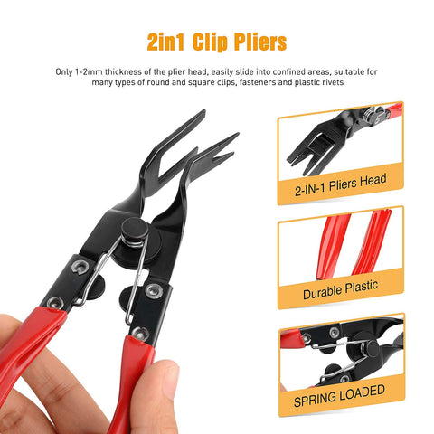 Heavy Duty Pro Grade Car Upholstery Clip Pliers Set And Fastener Remover Kit with dual plier heads and red handles shown.