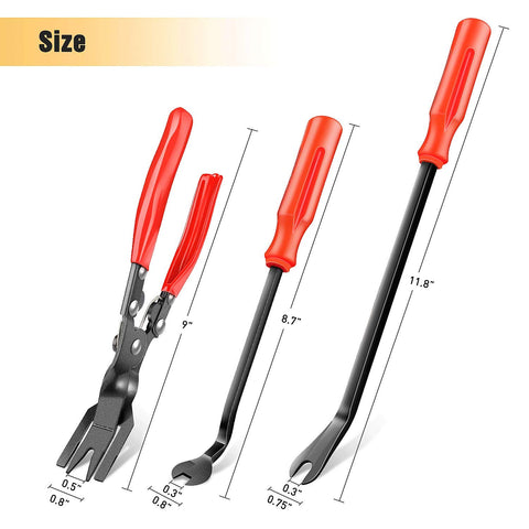 Heavy Duty Pro Grade Car Upholstery Clip Pliers Set And Fastener Remover Kit With Storage Bag For Dash Panels And Interior Trim Replacement In Auto Body And Car Interior Repair GOOACC including detailed size measurements for red-handled plier and removers