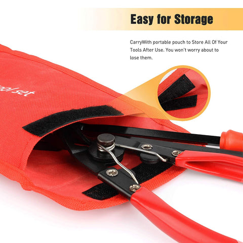 Heavy Duty Pro Grade Car Upholstery Clip Pliers Set And Fastener Remover Kit With Storage Bag, showing pliers in red canvas bag