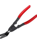 Pro Grade Auto Interior Trim Clip Pliers Remover Tool For Dashboard Door Panels And Push Pins 2 In 1 with Red Grip, side view.