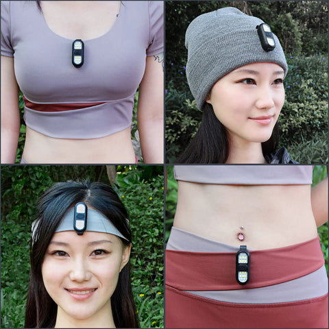Clip on running light delivers hands free visibility for night runs and dog walks with 450 lumens attached to clothing and hat.