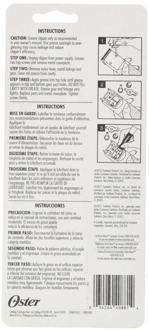 Back of packaging with instructions for Premium Clipper Grease for Pet Grooming by Oster Gear Lube, includes usage diagrams.