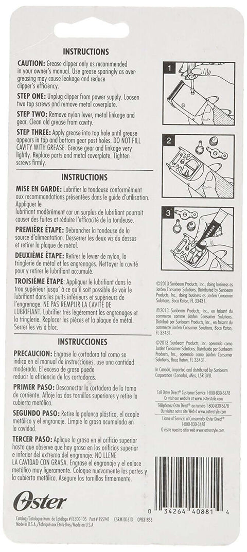 Back label of Premium Clipper Grease for Pet Grooming by Oster Gear Lube with instructions in multiple languages and product barcode.