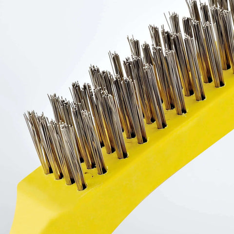 Close-up of Wire Scratch Brush 2 Set, Heavy Duty Stainless Steel 11 Inch with Plastic Handle Descaling Welding Dust Bending Hand Tool by MAXMAN