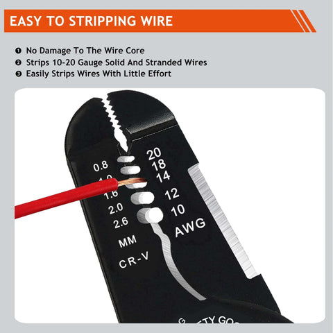 Close-up of Five In One Wire Stripper Tool For 10 To 20 AWG Electrical Wire, showing wire stripping measurement scale.