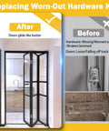 Closet bifold door hardware repair kit 2 pack with sliding and bi folding door components, before and after installation comparison.