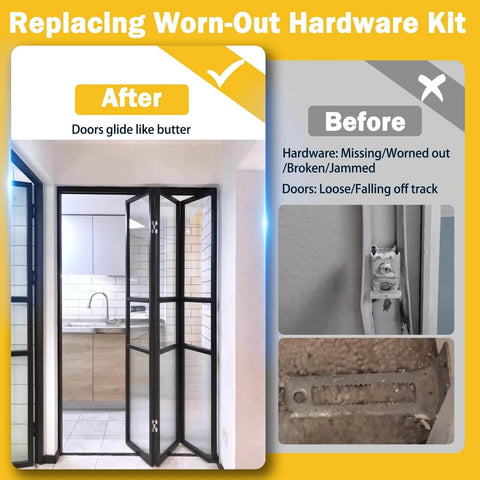 Closet bifold door hardware repair kit 2 pack with sliding and bi folding door components, before and after installation comparison.