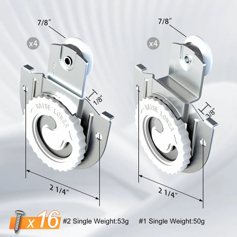8 Piece Closet Door Roller Kit For Sliding Wardrobes With Top Rollers And Adjustable Screws, close-up view showing size details.