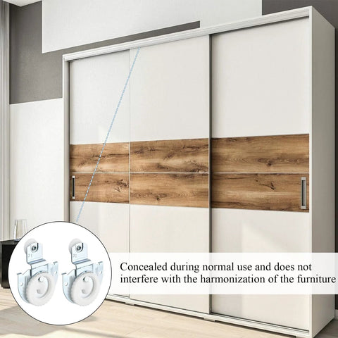 12 Pack 6 Set Sliding Closet Door Roller Kit with Bypass Hardware Replacement Adjustable Door Hooks for Wardrobe Cabinets Delivers Smooth Quiet Sliding Performance with Durable Galvanized Steel Rollers installed on a wardrobe cabinet