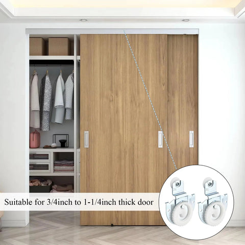 12 Pack 6 Set Sliding Closet Door Roller Kit with Bypass Hardware Replacement Adjustable Door Hooks for Wardrobe Cabinets Delivers Smooth Quiet Sliding Performance with Durable Galvanized Steel Rollers installed on wooden wardrobe door