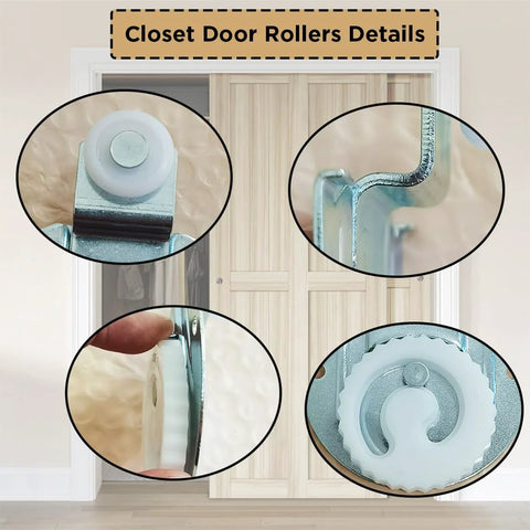 Close-up of Quiet Sliding Closet Door Rollers Replacement Set Seven Eighths Inch Wheels For Wardrobe Cabinets Top Mounts Smooth Operation Upgrade Hardware For Three Quarters To One And One Quarter Inch Doors Includes Eight Pieces