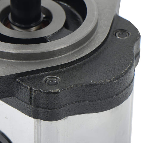 Close-up of 4-18GPM Hydraulic Gear Pump SAE A-2 Flange Cast Iron 9-Spline Shaft CW, showing cast iron casing and flange.