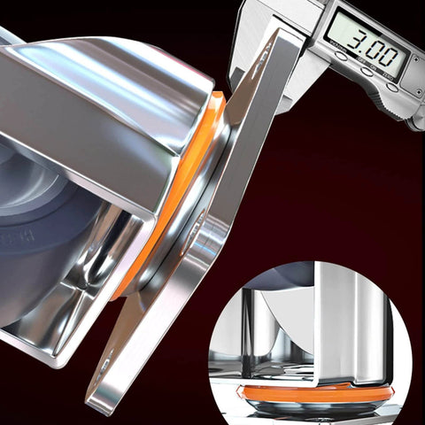 Close-up of Heavy Duty Blue Rubber Caster Wheels Set with Brakes showing metal plate thickness measurement and swivel design.