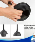 Demonstrating rubber extension on 2 In 1 Toilet Plunger And Bowl Brush Set With Dual Compartment Stand Black for clog clearing.