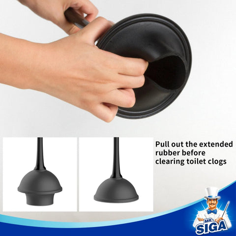 Demonstrating rubber extension on 2 In 1 Toilet Plunger And Bowl Brush Set With Dual Compartment Stand Black for clog clearing.