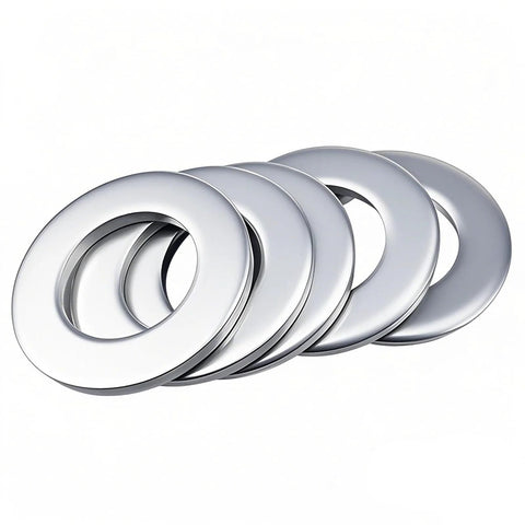 Five clutch spacers for 3/4 inch shafts, compatible with Predator 212cc engines, in a fan arrangement. Clutch Spacer Shim Washer Kit for Mini Bikes.