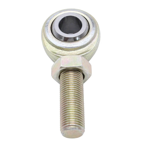Close-up of a 2 pcs CML8 rod end heim joint, 1/2 inch bore with 1/2-20 left hand male thread, carbon steel construction for machinery
