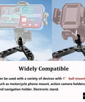 CNC Aluminum Ball Base Mount for Motorcycle Front Fork Stem 1 Inch Ball shown with phone and camera mounts