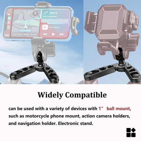 CNC Aluminum Ball Base Mount for Motorcycle Front Fork Stem 1 Inch Ball shown with phone and camera mounts
