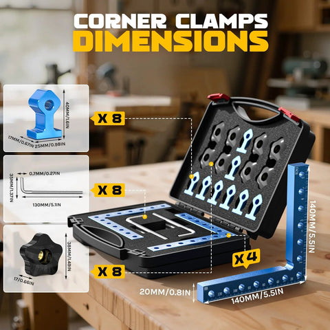 Pro Grade 90 Degree Corner Clamp Set CNC Aluminum with case, 140mm size, L-shaped screws, dual scales for DIY woodworking.