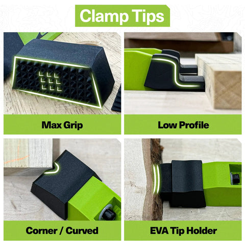 Low Profile CNC Clamp Kit tips showcasing max grip, low profile, corner curve, and EVA tip holder designed for secure workholding on CNC machines