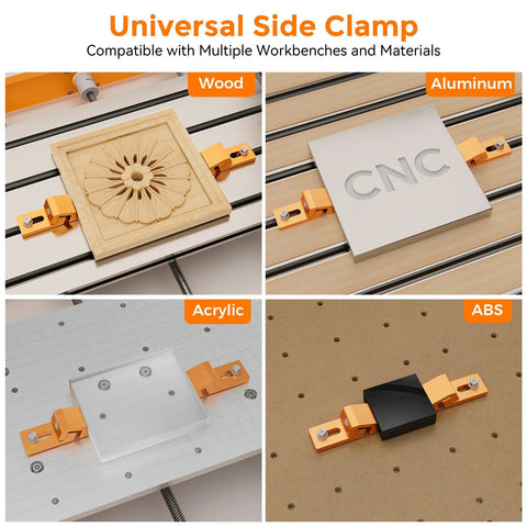 Tiger Claw Aluminum CNC Clamp For 3018 Pro Max And 3018 Pro Ultra Routers using side clamps on wood, aluminum, acrylic, and ABS
