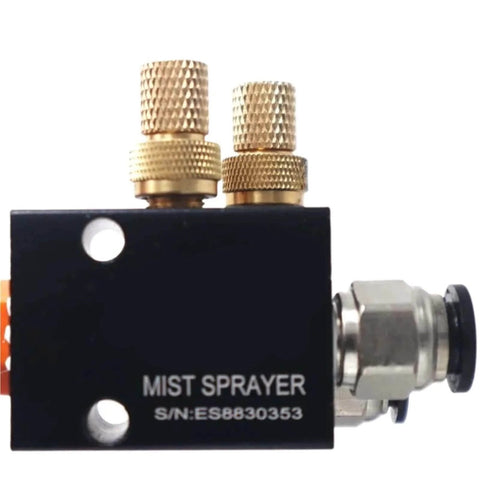 Close-up of CNC Coolant Mist Cooling System for Lathe Milling and Drill Tools, showing the spray unit with serial number ES8830353