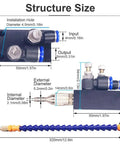 Mist Coolant Lubrication Spray System dimensions diagram for CNC lathe milling machines with air pipe sealed design by OriGlam.