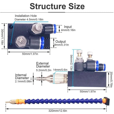 Mist Coolant Lubrication Spray System dimensions diagram for CNC lathe milling machines with air pipe sealed design by OriGlam.