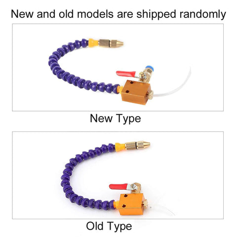 Efficient Mist Coolant Lubrication Spray System for CNC Machines showing new and old model with flexible purple hose and brass fitting