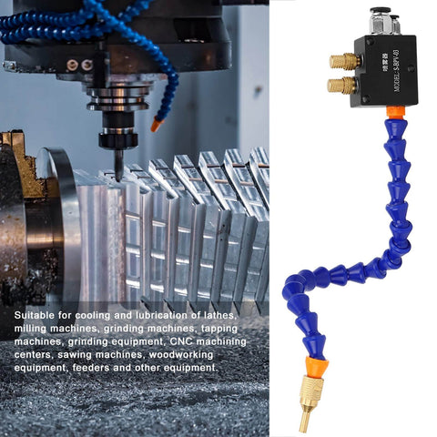 Cooling Mist Spray System For CNC Lathe And Milling Machines Water Coolant Sprayer Kit shown in operation on metalwork