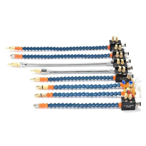 CNC Cooling Sprayer Mist for Lathe Milling Drill Engraving Machines with brass nozzles and blue adjustable plastic pipes