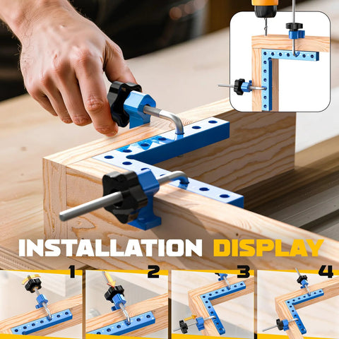Pro Grade 90 Degree Corner Clamp Set CNC Aluminum installation display on wooden frame with dual scale precision for DIY projects