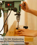 Hands using a drill press on wood, ideal for CNC woodworking and DIY hand woodworking projects, focus on precision use.