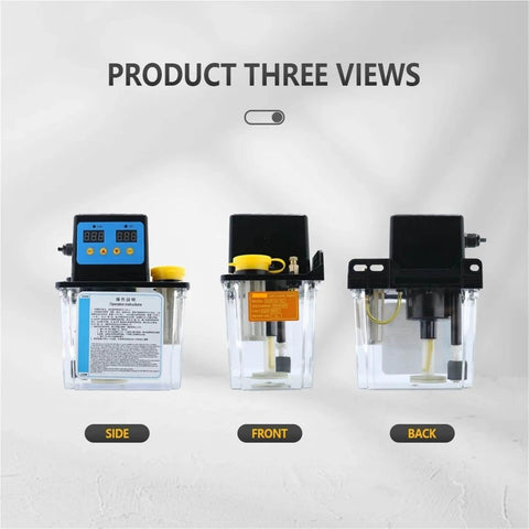 Pro-Grade Automatic Electromagnetic Lubrication Pump for CNC Routers, Side, Front, Back View, 220V, 0.5L to 2L Capacities, 50mm/min Flow