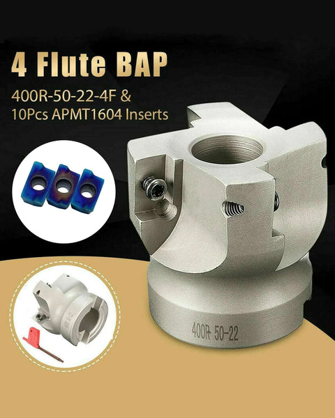 2 Inch Face Mill Arbor With BAP400R 50 22 4T Holder And 50mm Face Milling Shell Cutter Includes 10 Pcs APMT1604PDER Carbide Inserts For CNC Milling Roughing And Finishing