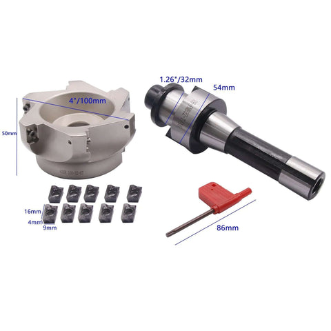 Face End Mill Arbor Set With 100 Mm Cutting Diameter 6 Flute Pro Grade CNC Shell Cutter R8 7 16 20 Thread Shank 32 Mm Bore