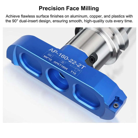 Pro Grade 90 Degree Dual Insert CNC Fly Cutter For BT FMB22 Tool Holder For Metal Face Milling And Aluminum Surface Finishing 8 Inch 200mm Lightweight 6061 Aluminum Anodized Finish, blue anodized finish