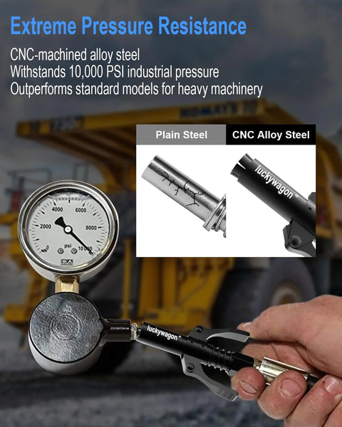 Person using Heavy Duty Grease Gun Coupler With Leakproof Quick Lock Release, 10,000 PSI, CNC alloy steel, with industrial machinery in background.