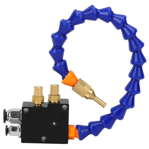Cooling And Lubrication Spray System For CNC Lathe And Milling Machines With Tool Engraving Kit showing flexible blue nozzle and control unit