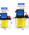 Electric Pump For CNC Lathe And Machine Tools Lubrication Pro Grade Automatic Oil Pump Electromagnetic Pump Oil Injector with digital display, showing 1-liter and 2-liter sizes with installation measurements, for precise lubrication in industrial machinery and easy maintenance.