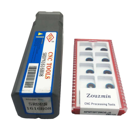 Five Eighths Inch Lathe Turning Holder With RPMT08T2 Carbide Round Inserts visible in packaging, designed for hardened steel.