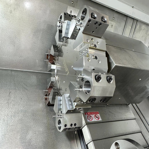 CNC lathe turret featuring Ten Pack M6 12mm 304 Stainless Steel Ball Coolant Nozzles with screw lock for precise coolant coverage