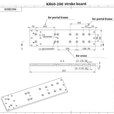 Technical drawing of KR60-200 stroke board with dimensions, dowel holes, and countersunk details for portal frame and cross.