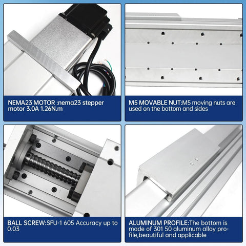 FBX100-100mm Heavy CNC Linear Actuator Kit featuring Nema23 motor, M5 nuts, SFU1605 ball screw, aluminum profile