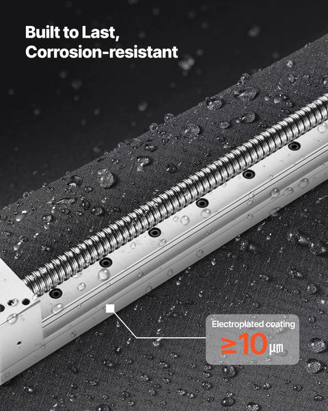Close-up of motorized CNC linear guide stage with ball screw, 16 mm diameter, corrosion-resistant coating for CNC machines and 3D printers.