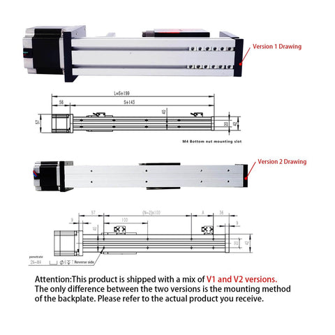 Diagram of 100mm Stroke Work Size Linear Guide Table Ball Screw Motion CNC Linear Guide Stage Actuator Motorized Nema 23 Stepper Motor with Version 1 and 2 differences.