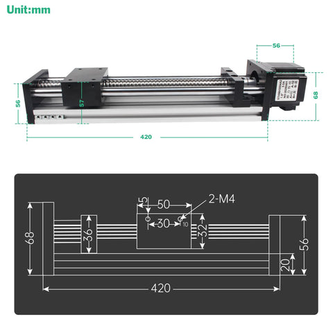 Double Optical Axis CNC Linear Stage Actuator With 1204 Ball Screw and 20mm Square Rail, dimensions diagram view.
