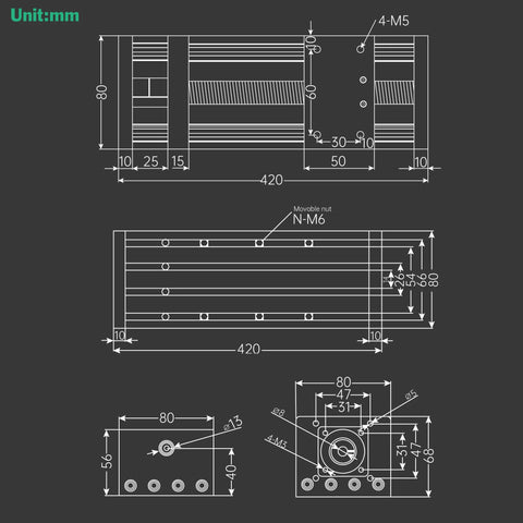 Technical drawing of Double Optical Axis CNC Linear Stage Actuator With 1204 Ball Screw And 20mm Square Rail, dimensions in mm